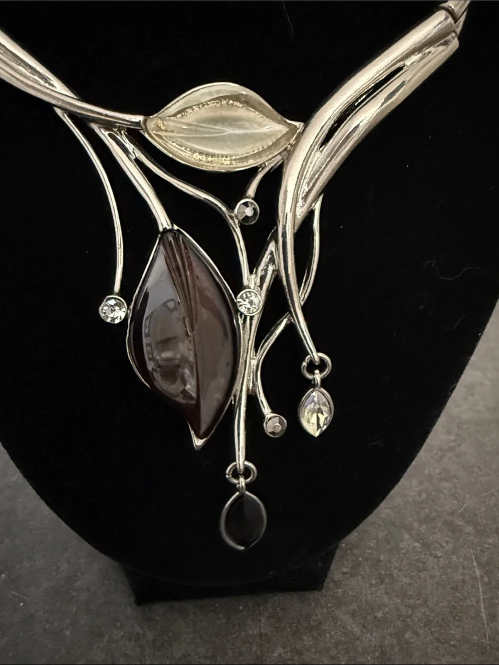 Silver Leaf Drop Necklace with Smoky Accent